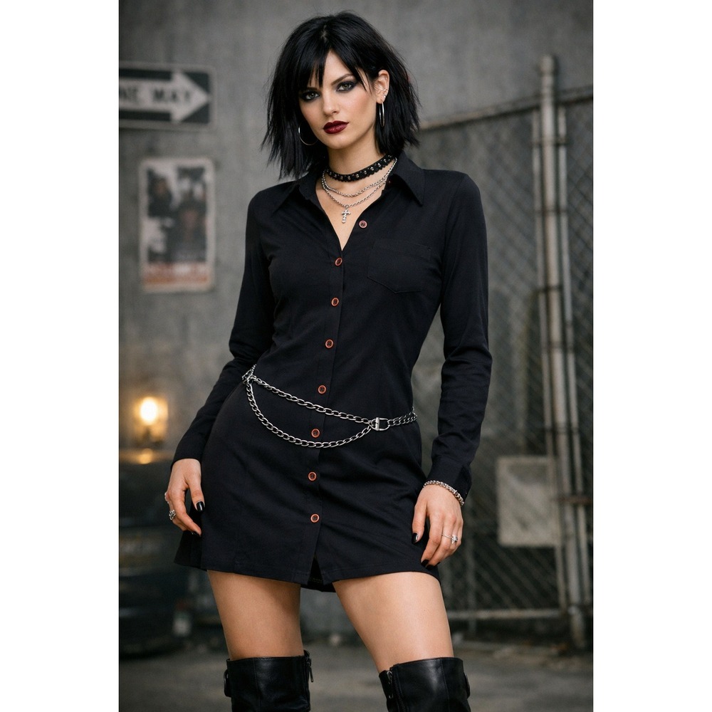 Vintage Tripp‎ NYC Shirt Dress Women Medium Black Vintage 90s Y2K Goth Clubwear